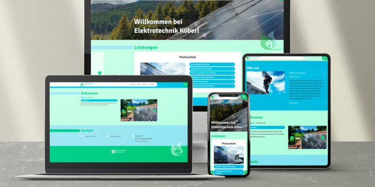 Laptop, Bildschirm, Handy und Tablett mit der Vorschau der Elektrotechnik Köberl Webseite
