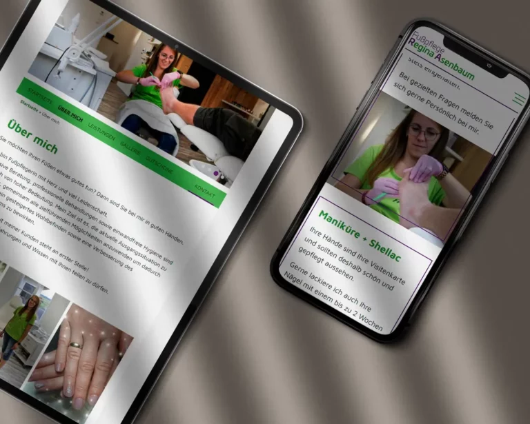 Mockup Webseite Fußpflege Regina Asenbaum als Tablett und Mobiltelefon