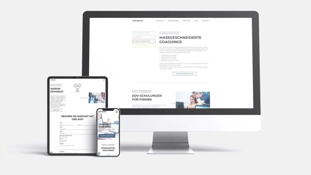EDV Graz Webseite als Mockup auf einem Desktop-Bildschirm, einem Tablett und einem IPhone