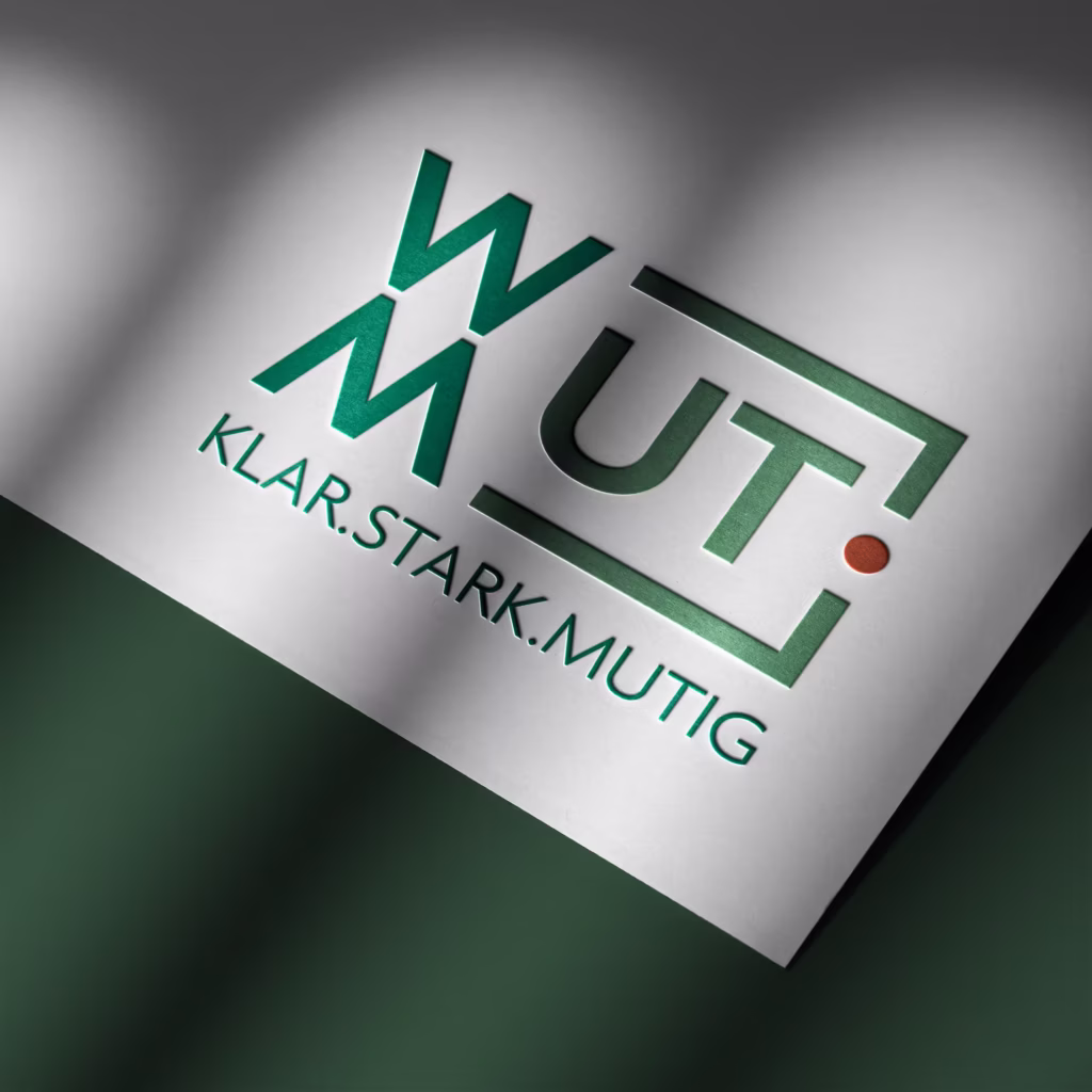 Wut Mut Logo auf weißem Papier dargestellt